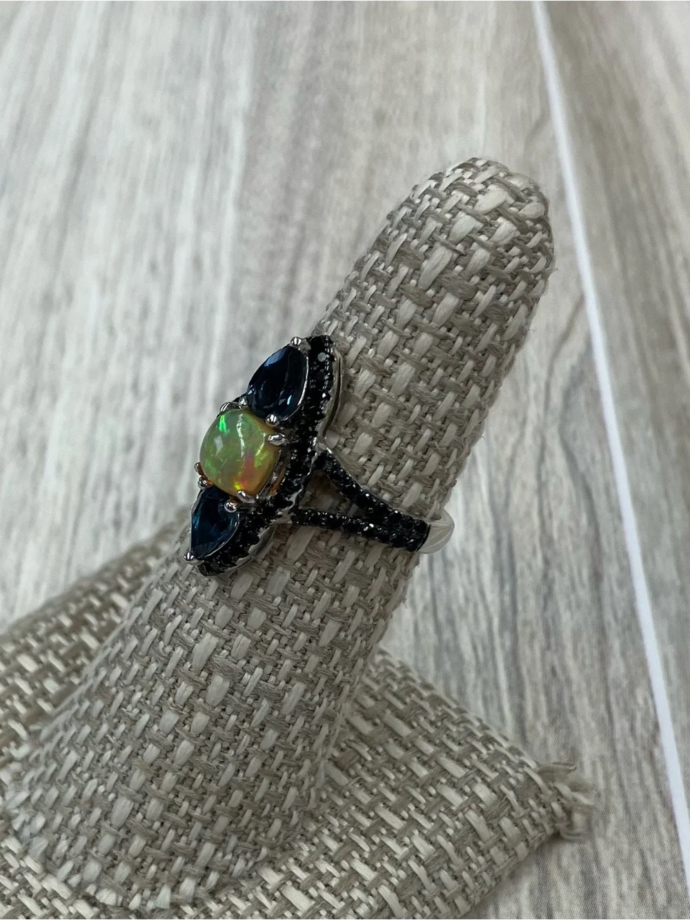 Black Rhodium Band, Opel With Blue Stones, & Black Spinel Ring, Sz 7